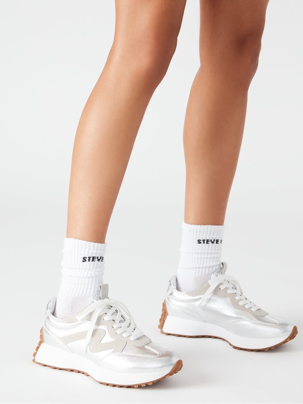 Steve Madden Metallic Silver & Cream Platform Sneakers with Gum Tread - Picture 6 of 12
